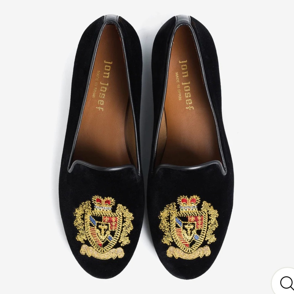 Jon Josef Black Velvet Loafers with Gold Embroidery